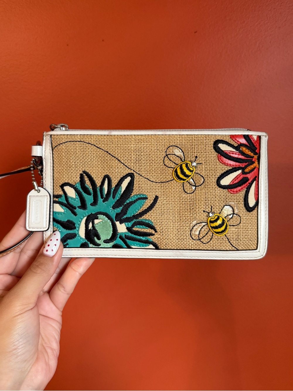 Vintage Y2K Rare Coach Floral Bumblebee Flowers Burlap Leather Slim Wristlet